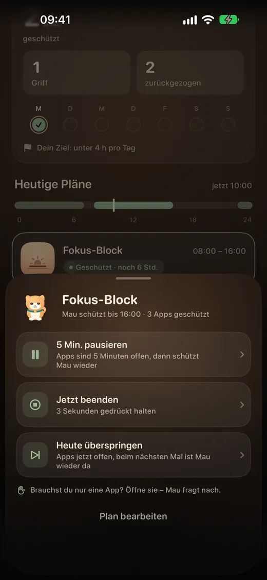 Pawwall Planeinstellungen: 5 Min. pausieren, jetzt beenden, heute aussetzen