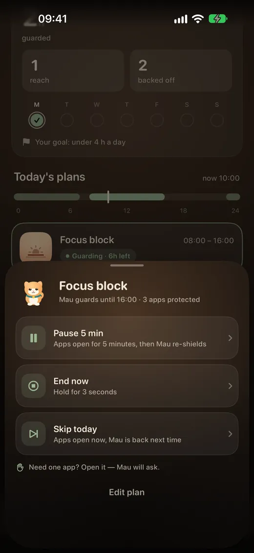 Pawwall plan controls: pause 5 min, end now, skip today