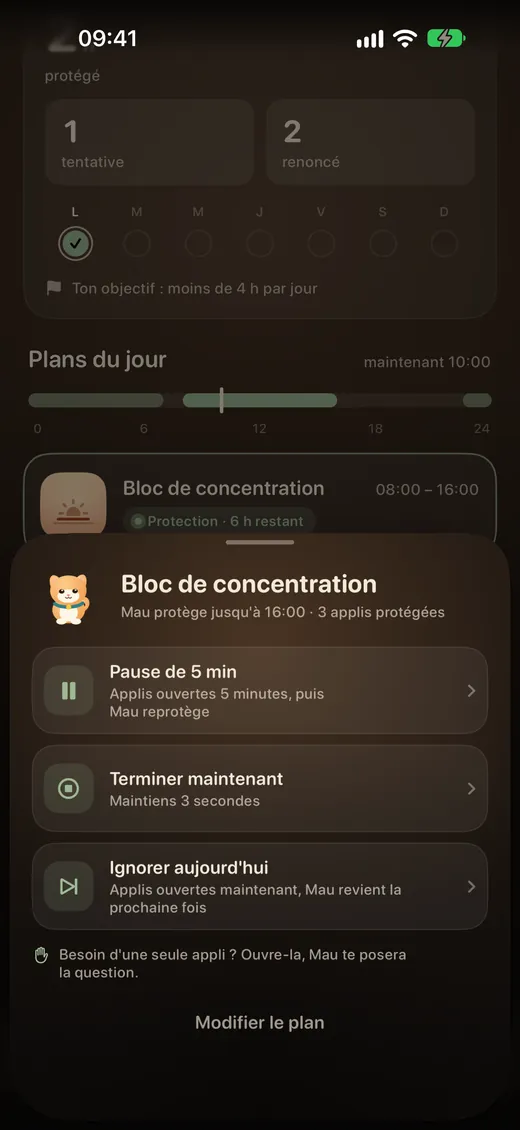 Contrôles de plan de Pawwall : pause de 5 min, arrêter maintenant, sauter aujourd'hui